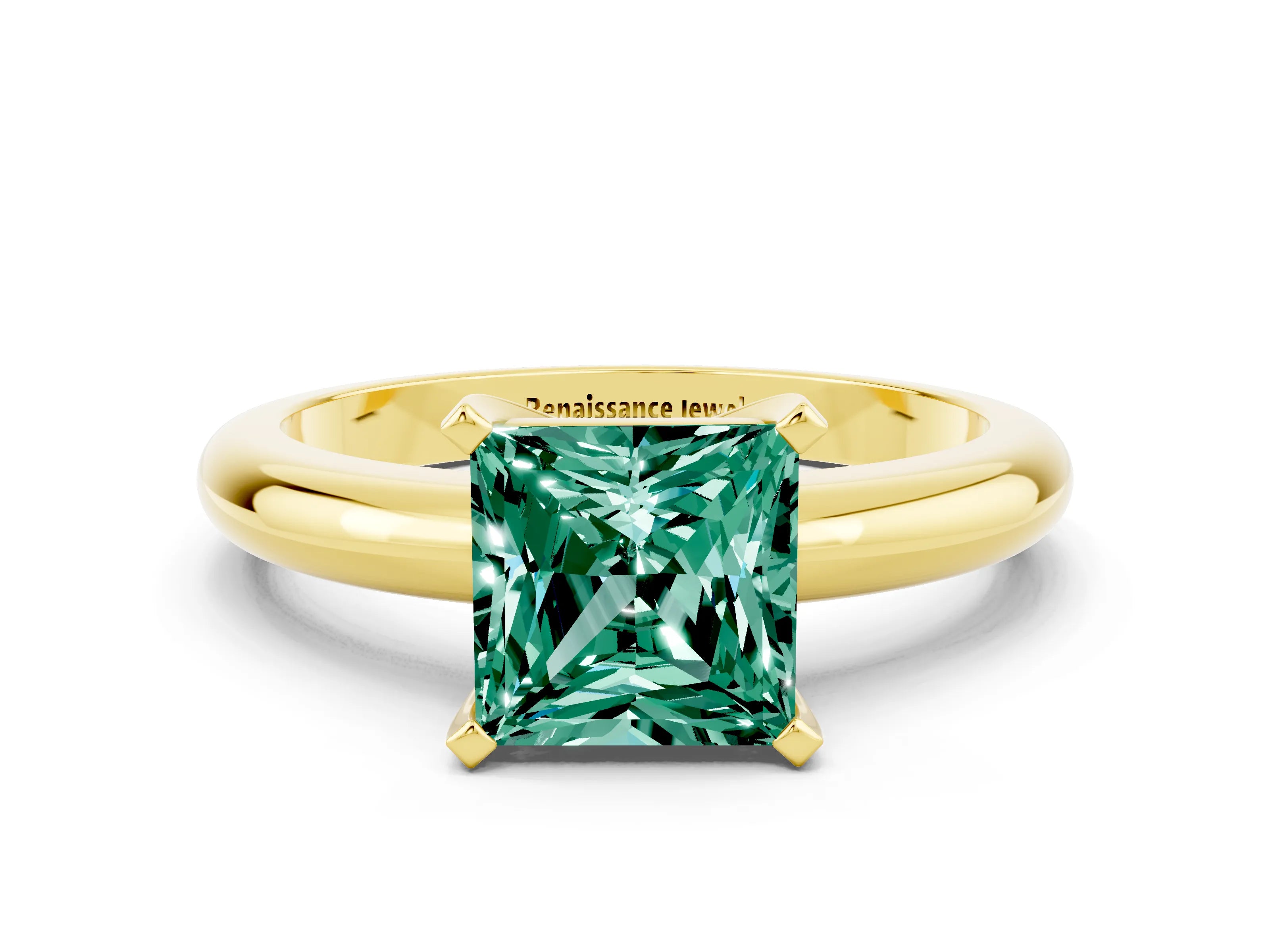 Yellow gold Princess Cut Green Sapphire Solitaire Engagement Ring with Round Band and Four-Prong Setting