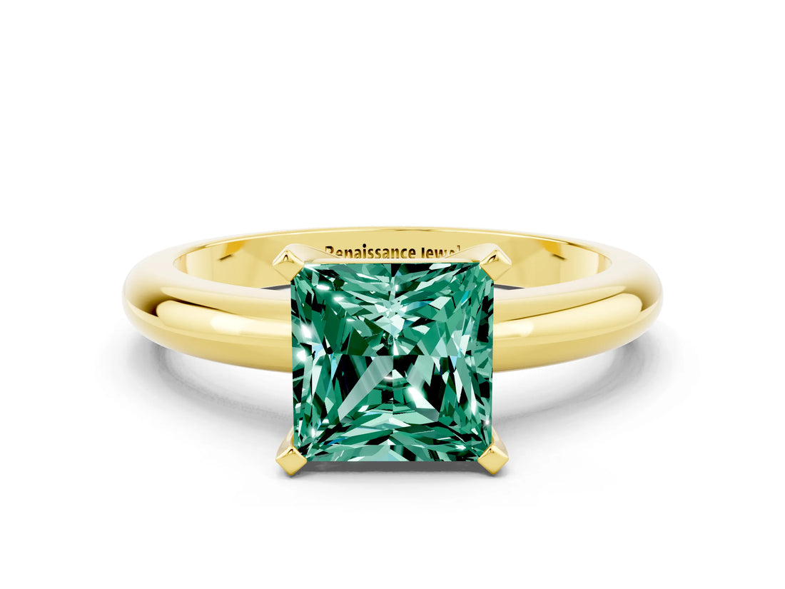 Yellow gold Princess Cut Green Sapphire Solitaire Engagement Ring with Round Band and Four-Prong Setting