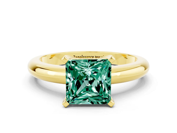 Yellow gold Princess Cut Green Sapphire Solitaire Engagement Ring with Round Band and Four-Prong Setting