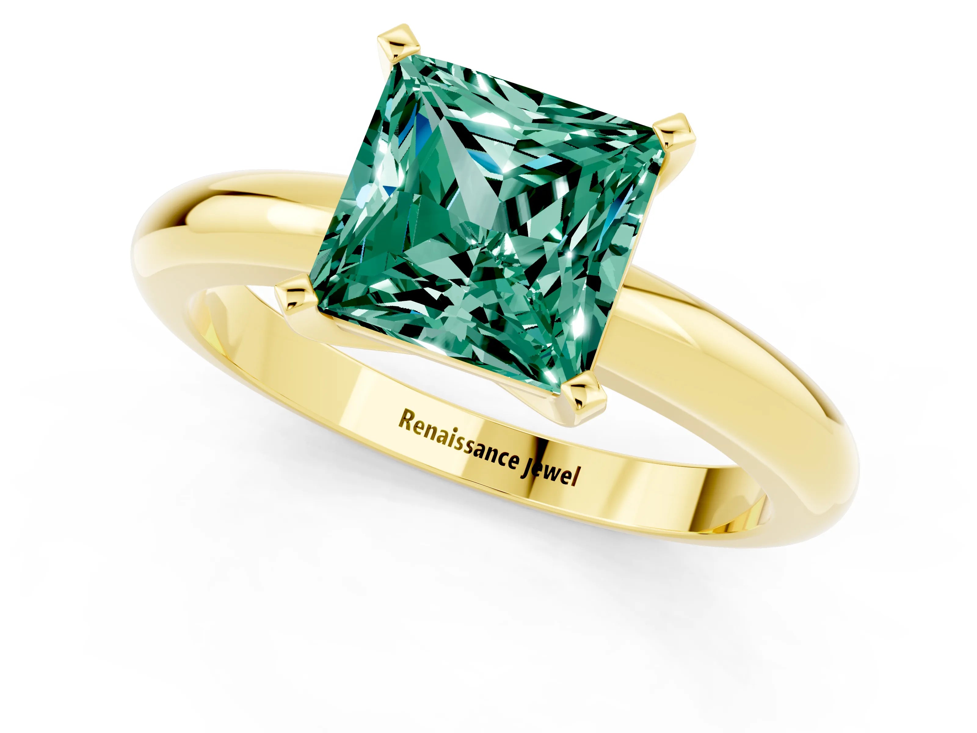 Yellow gold Princess Cut Green Sapphire Solitaire Engagement Ring with Round Band and Four-Prong Setting_1
