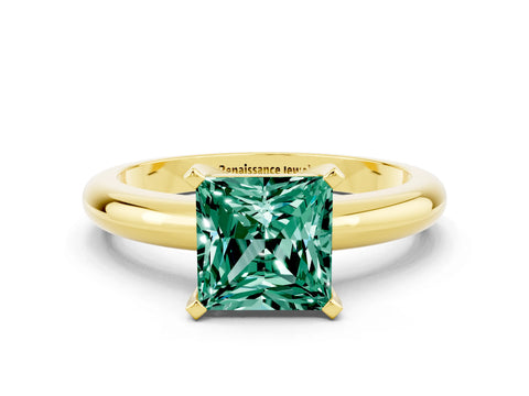 Yellow gold Princess Cut Green Sapphire Solitaire Engagement Ring with Round Band and Four-Prong Setting
