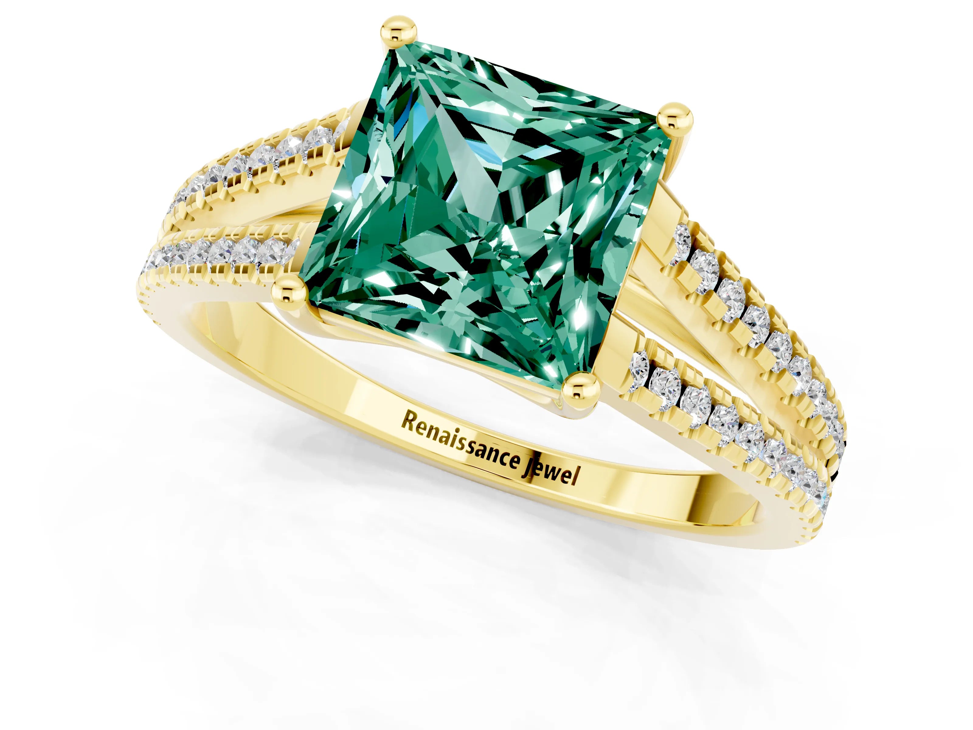Yellow gold Princess Cut Green Sapphire Solitaire Engagement Ring with Split Shank Pavé Band_1