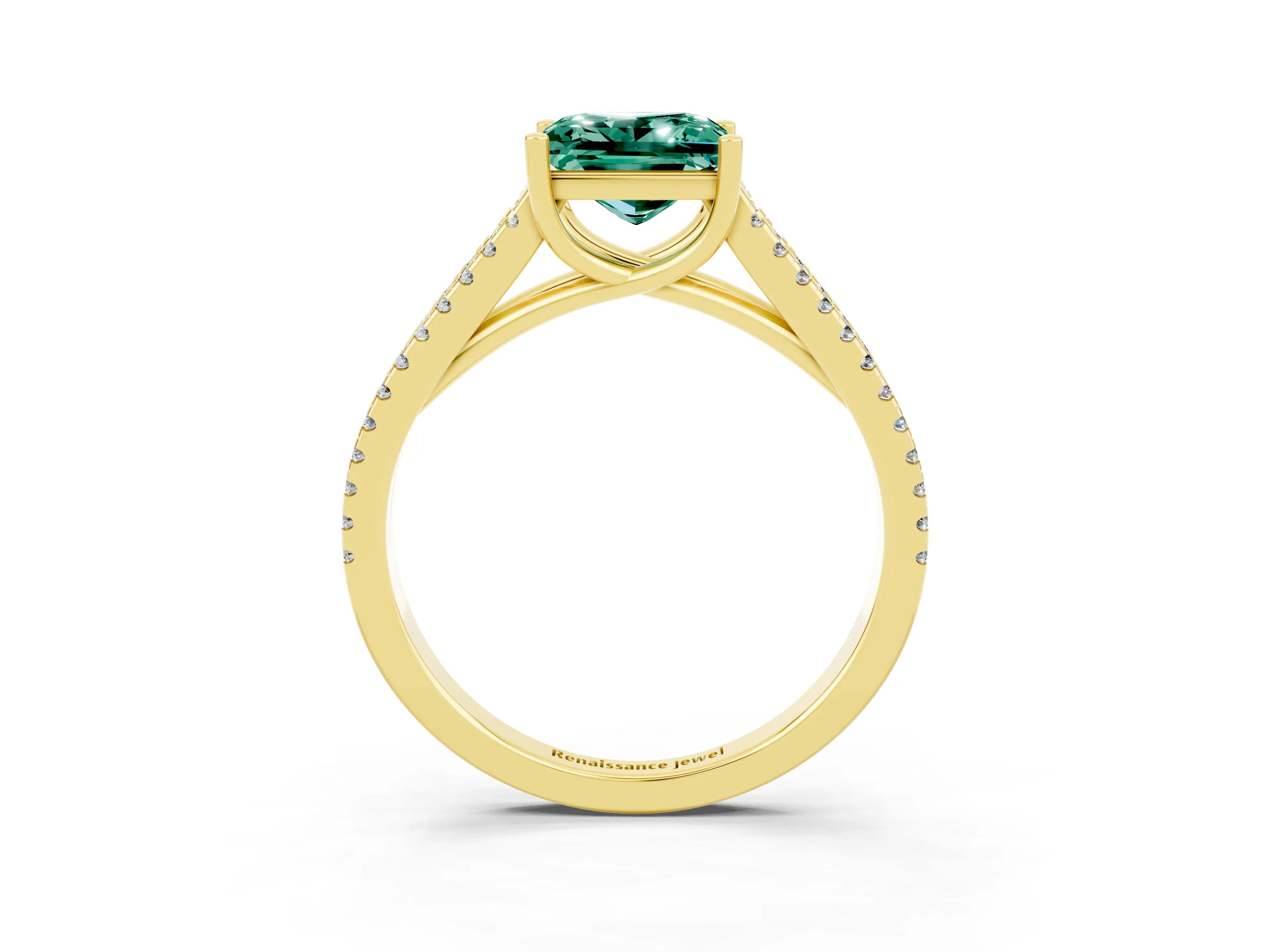 Yellow gold Princess Cut Green Sapphire Solitaire Engagement Ring with Split Shank Pavé Band_3