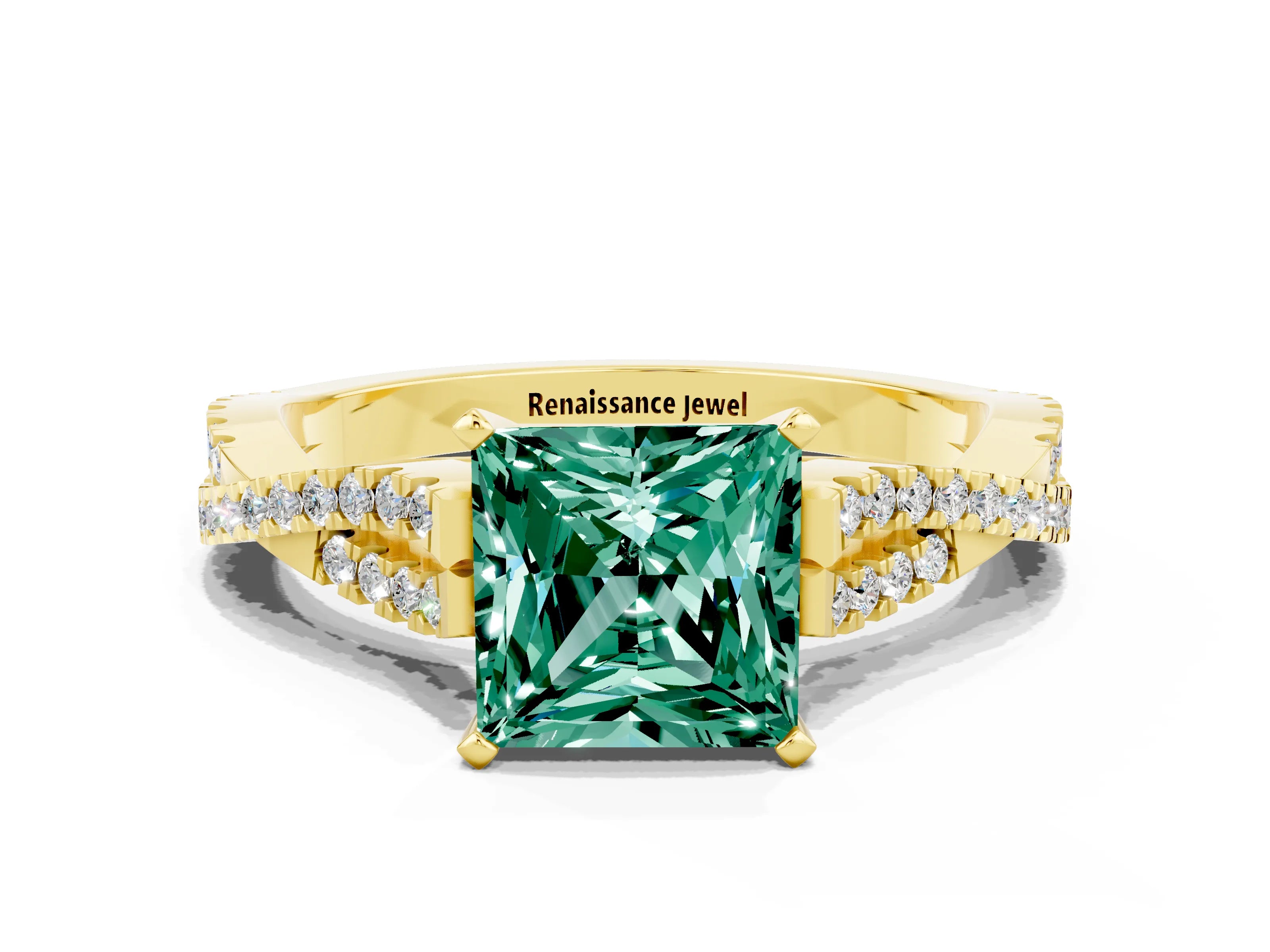 Yellow gold Princess Cut Green Sapphire Solitaire Engagement Ring with Twisted Pavé Band and Four-Prong Setting_12