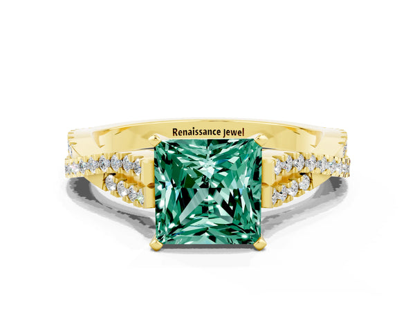 Yellow gold Princess Cut Green Sapphire Solitaire Engagement Ring with Twisted Pavé Band and Four-Prong Setting