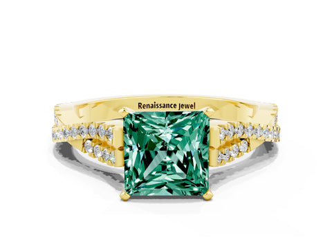 Yellow gold Princess Cut Green Sapphire Solitaire Engagement Ring with Twisted Pavé Band and Four-Prong Setting_12