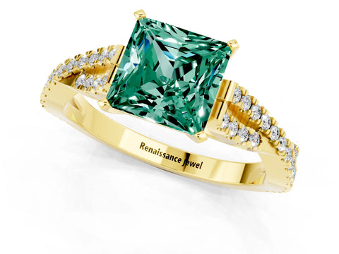 Yellow gold Princess Cut Green Sapphire Solitaire Engagement Ring with Twisted Pavé Band and Four-Prong Setting_13