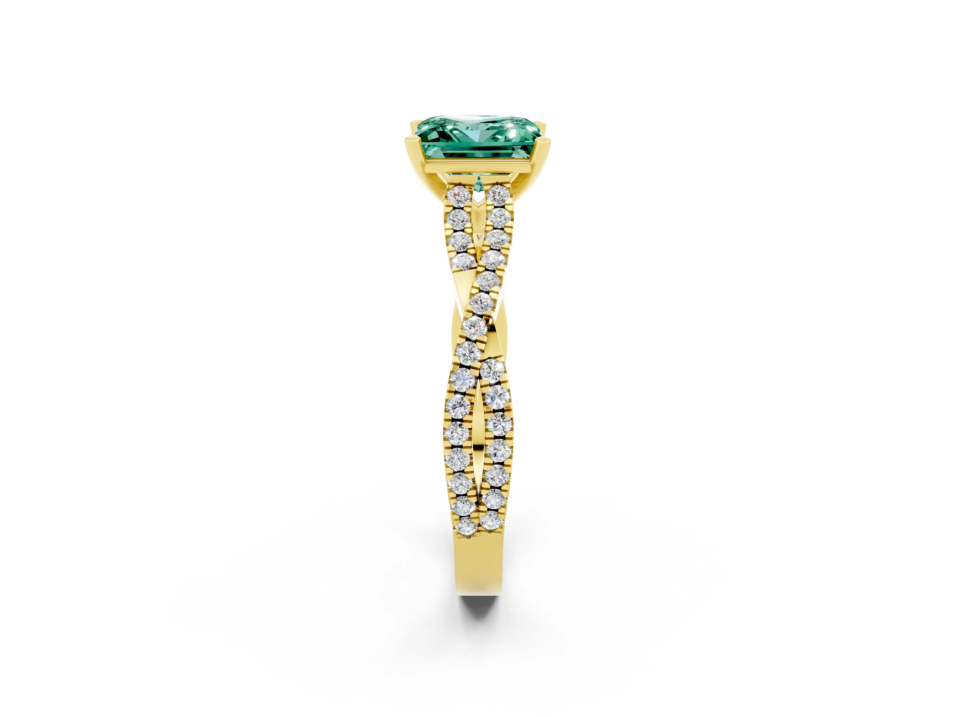 Yellow gold Princess Cut Green Sapphire Solitaire Engagement Ring with Twisted Pavé Band and Four-Prong Setting_14