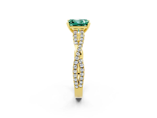 Yellow gold Princess Cut Green Sapphire Solitaire Engagement Ring with Twisted Pavé Band and Four-Prong Setting