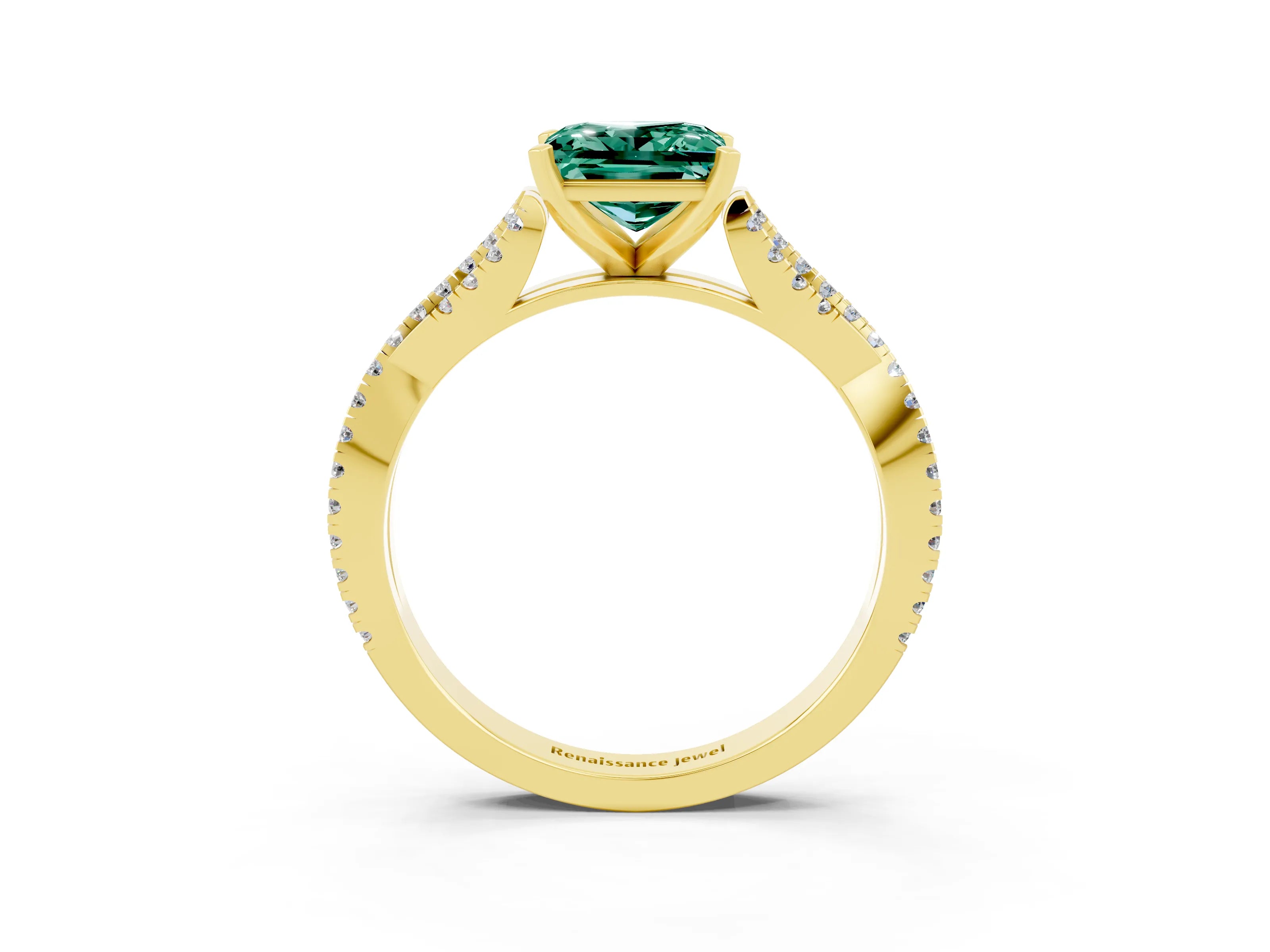 Yellow gold Princess Cut Green Sapphire Solitaire Engagement Ring with Twisted Pavé Band and Four-Prong Setting_15