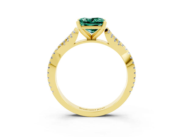 Yellow gold Princess Cut Green Sapphire Solitaire Engagement Ring with Twisted Pavé Band and Four-Prong Setting