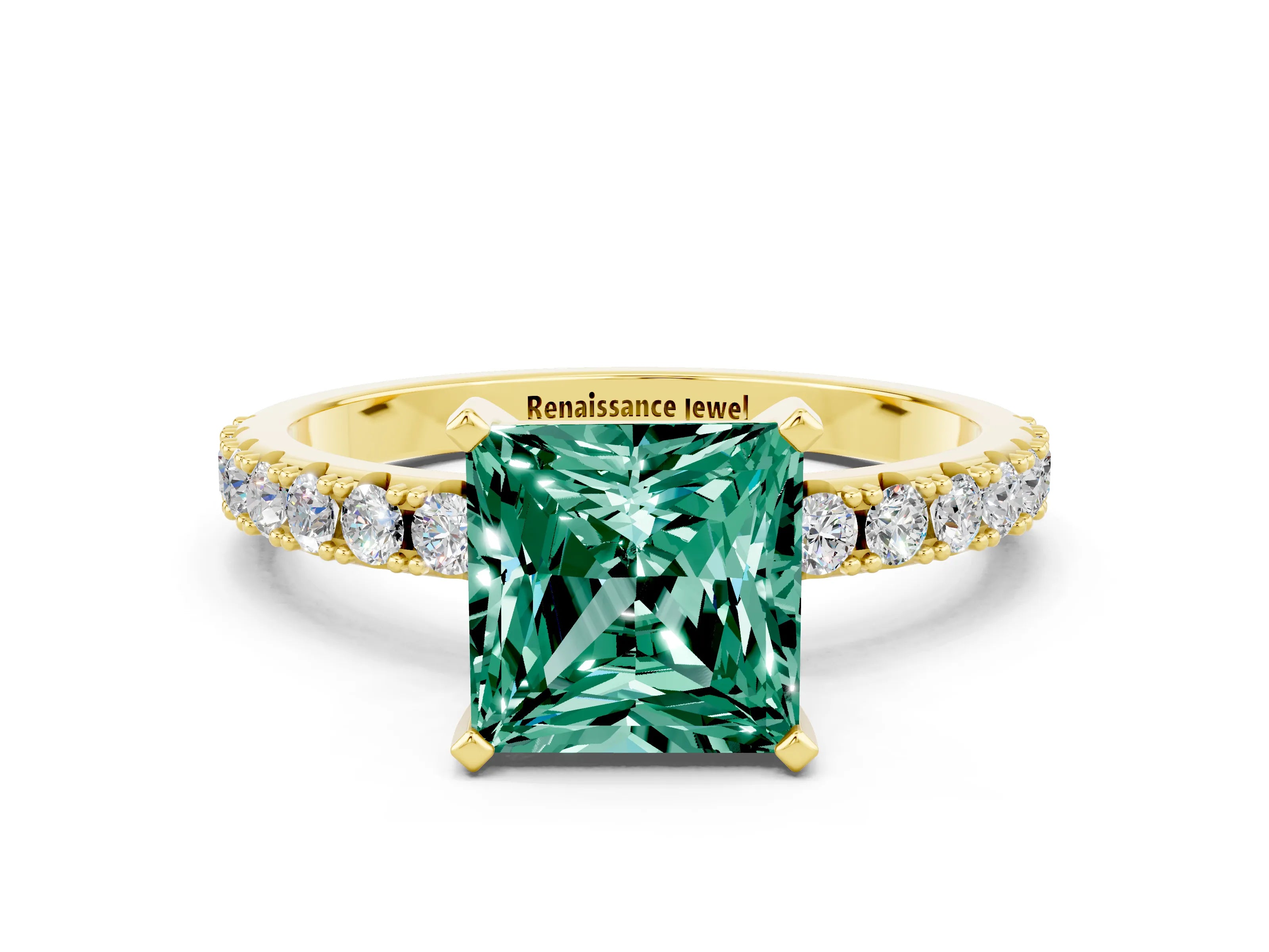 Yellow gold Princess Cut Green Sapphire Solitaire Pavé Band with Four-Prong Setting