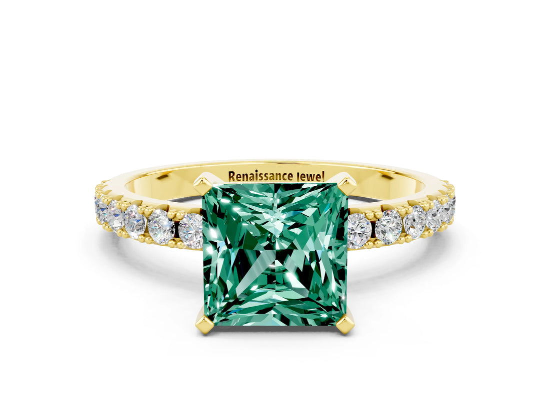 Yellow gold Princess Cut Green Sapphire Solitaire Pavé Band with Four-Prong Setting
