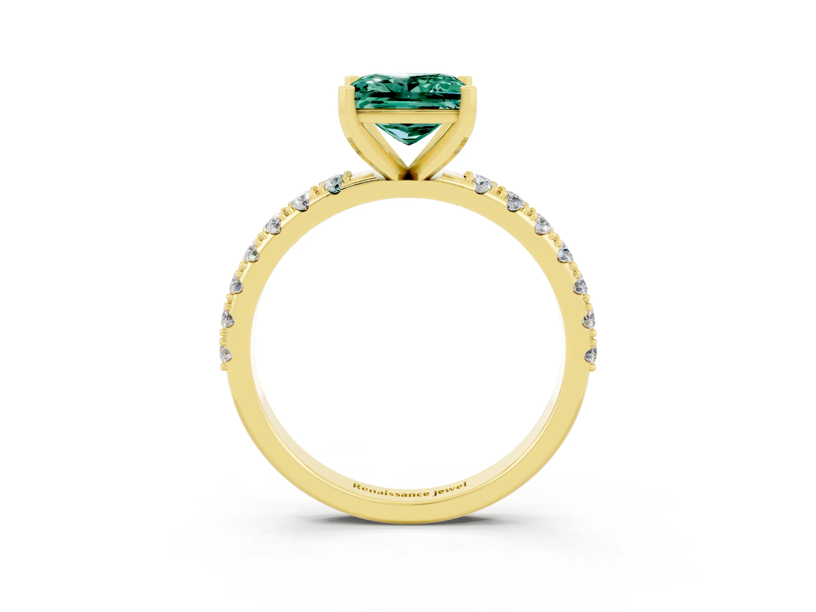 Yellow gold Princess Cut Green Sapphire Solitaire Pavé Band with Four-Prong Setting_3