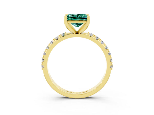 Yellow gold Princess Cut Green Sapphire Solitaire Pavé Band with Four-Prong Setting