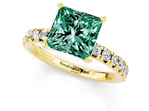 Yellow gold Princess Cut Green Sapphire Solitaire Pavé Engagement Ring with Round Band and Prong Setting