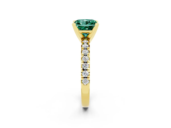 Yellow gold Princess Cut Green Sapphire Solitaire Pavé Engagement Ring with Round Band and Prong Setting