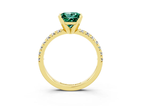 Yellow gold Princess Cut Green Sapphire Solitaire Pavé Engagement Ring with Round Band and Prong Setting