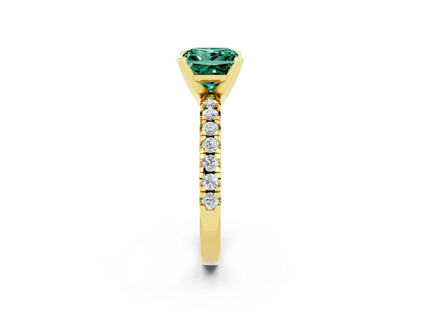 Yellow gold Princess Cut Green Sapphire Solitaire Pavé Engagement Ring with Round Band and Prong Setting