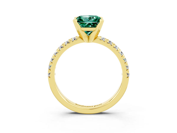 Yellow gold Princess Cut Green Sapphire Solitaire Pavé Engagement Ring with Round Band and Prong Setting