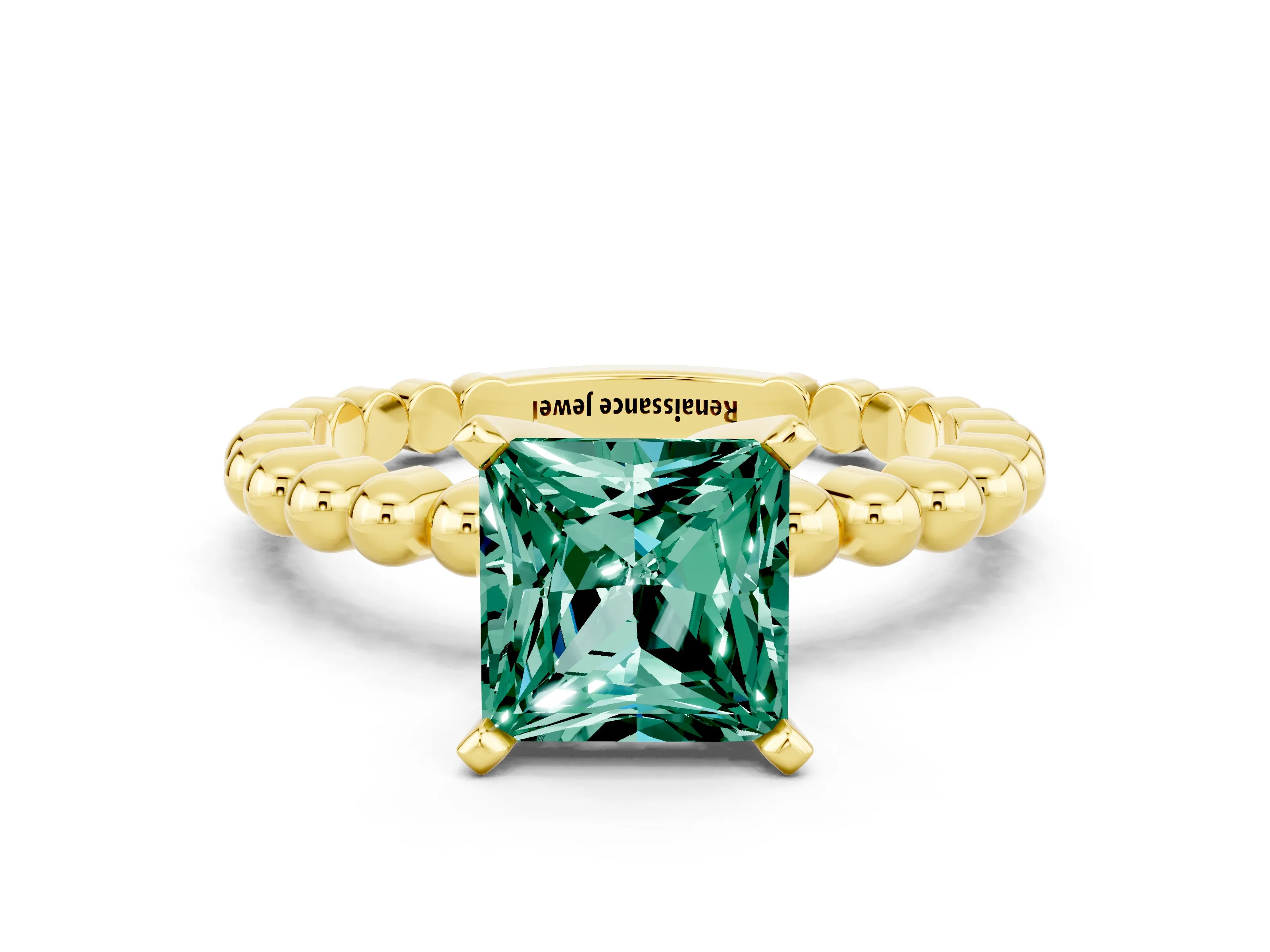 Yellow gold Princess Cut Green Sapphire Solitaire Ring with Beaded Band and Prong Setting