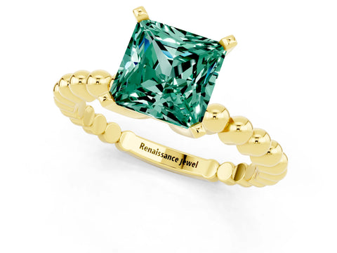 Yellow gold Princess Cut Green Sapphire Solitaire Ring with Beaded Band and Prong Setting_1