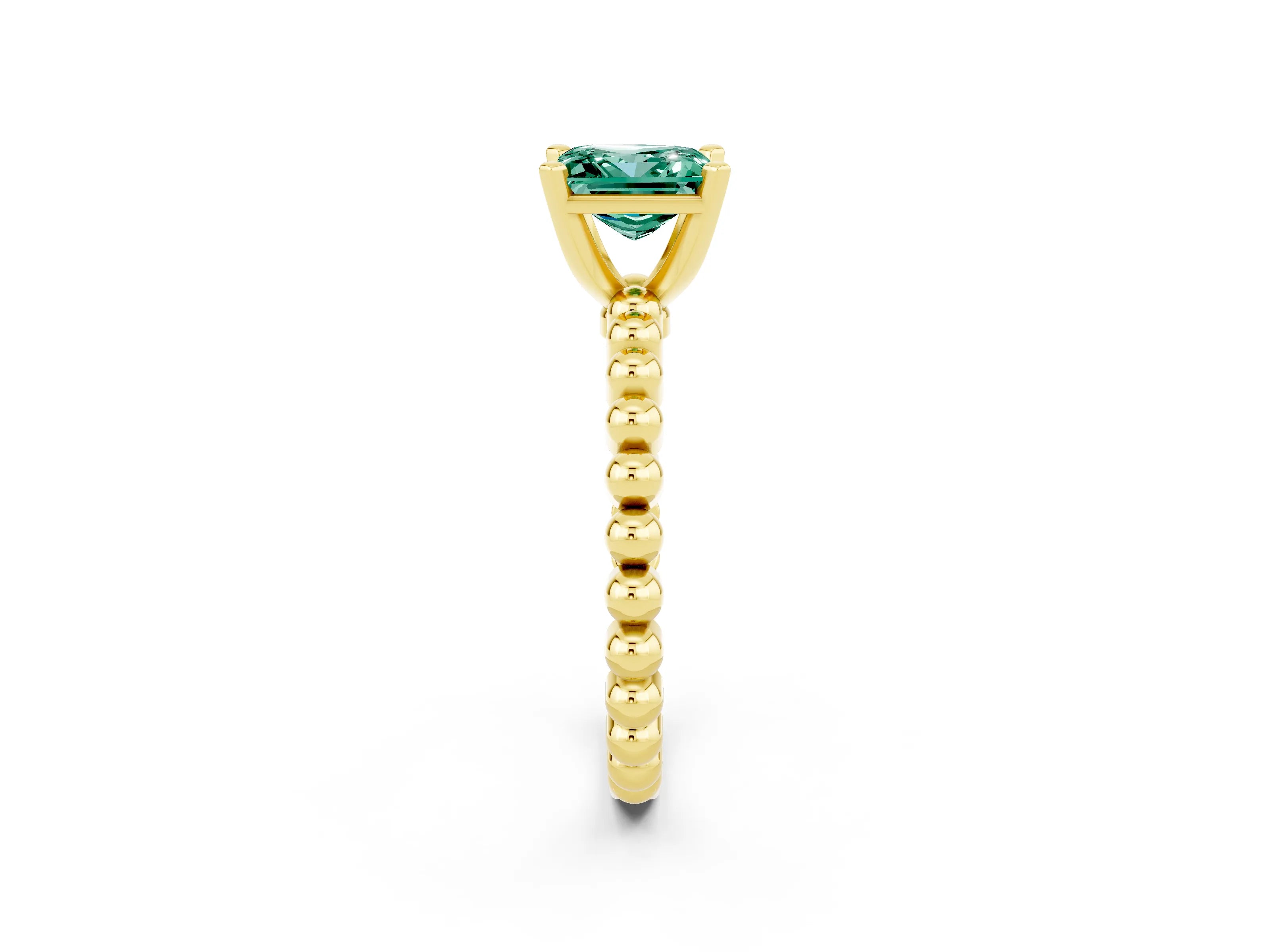 Yellow gold Princess Cut Green Sapphire Solitaire Ring with Beaded Band and Prong Setting_2