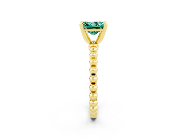 Yellow gold Princess Cut Green Sapphire Solitaire Ring with Beaded Band and Prong Setting