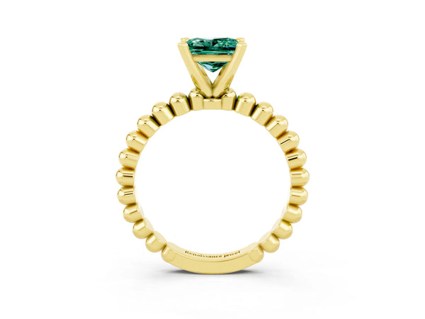 Yellow gold Princess Cut Green Sapphire Solitaire Ring with Beaded Band and Prong Setting