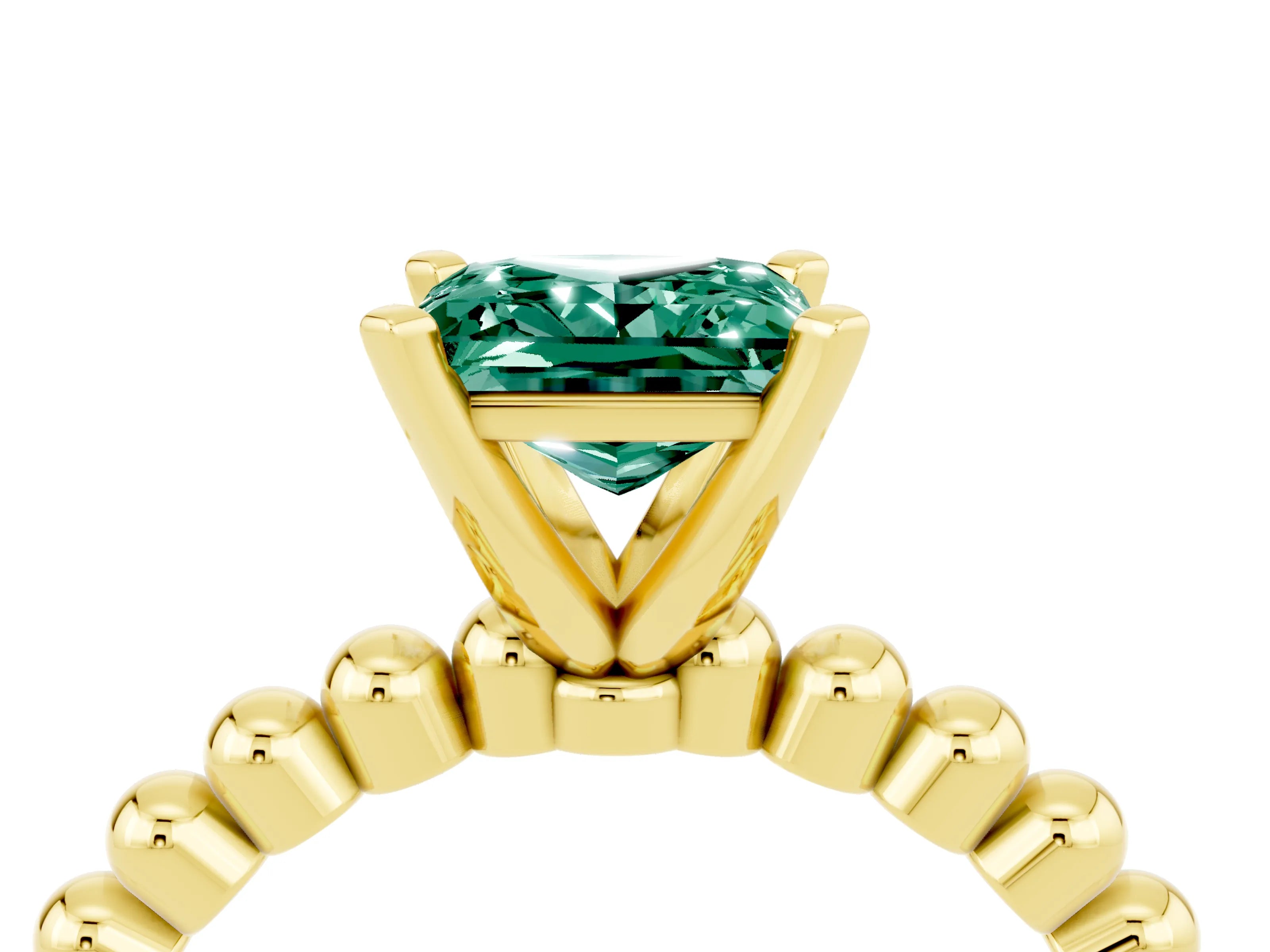 Yellow gold Princess Cut Green Sapphire Solitaire Ring with Beaded Band and Prong Setting_4