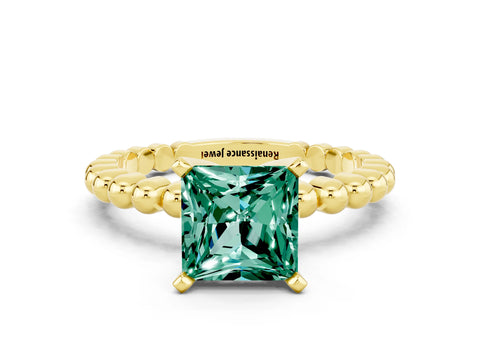 Yellow gold Princess Cut Green Sapphire Solitaire Ring with Beaded Band and Prong Setting
