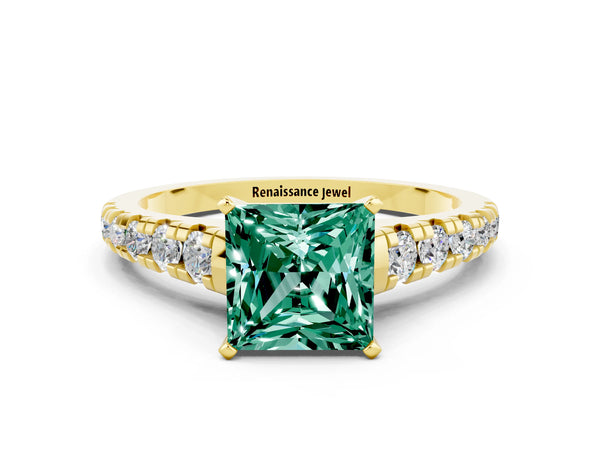 Yellow gold Princess Cut Green Sapphire Cathedral Solitaire Ring with Round  Pavé Band