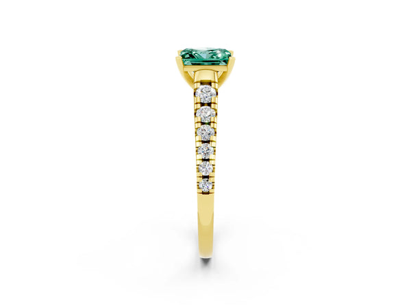 Yellow gold Princess Cut Green Sapphire Cathedral Solitaire Ring with Round  Pavé Band
