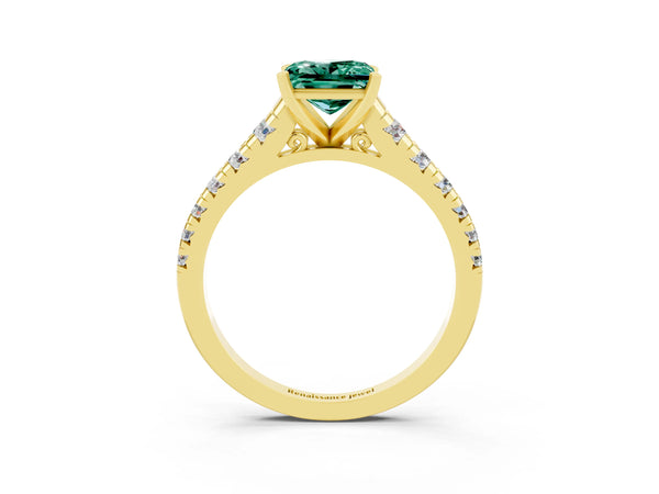 Yellow gold Princess Cut Green Sapphire Cathedral Solitaire Ring with Round  Pavé Band