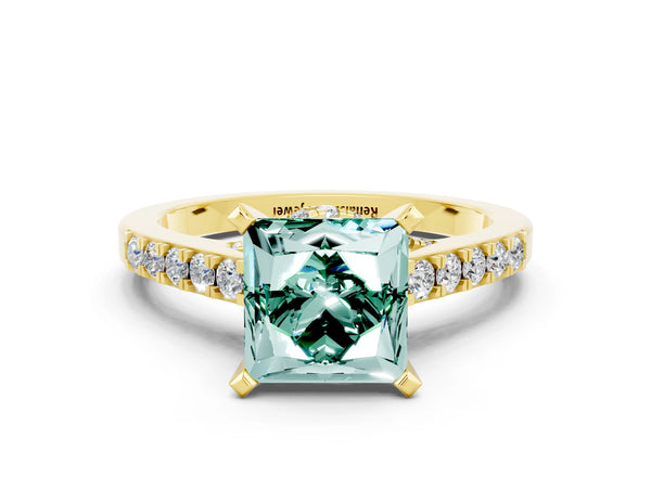 Yellow gold Princess Cut Green Sapphire Solitaire Ring with Crossover Gallery and Round  Pavé Band