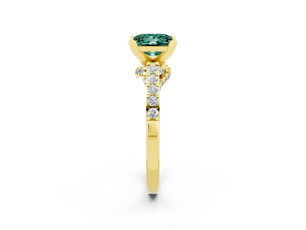 Yellow gold Princess Cut Green Sapphire Solitaire Ring with Crossover Gallery and Round  Pavé Band