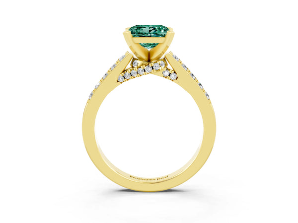 Yellow gold Princess Cut Green Sapphire Solitaire Ring with Crossover Gallery and Round  Pavé Band