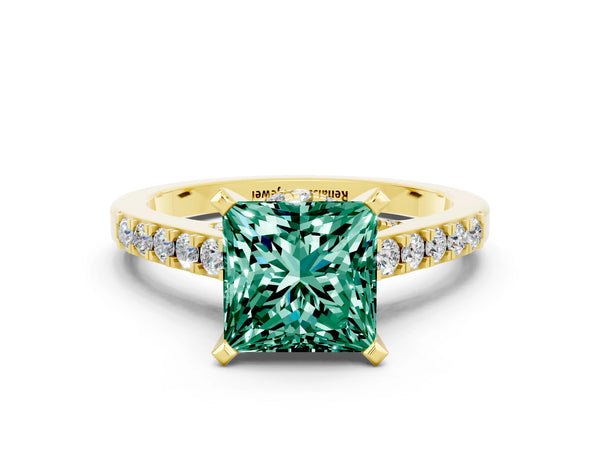Yellow gold Princess Cut Green Sapphire Solitaire Ring with Crossover Gallery and Round  Pavé Band