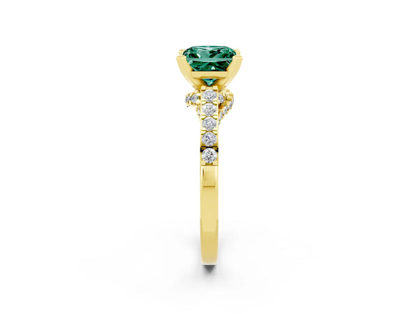 Yellow gold Princess Cut Green Sapphire Solitaire Ring with Crossover Gallery and Round  Pavé Band