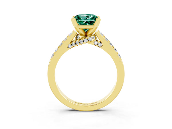 Yellow gold Princess Cut Green Sapphire Solitaire Ring with Crossover Gallery and Round  Pavé Band