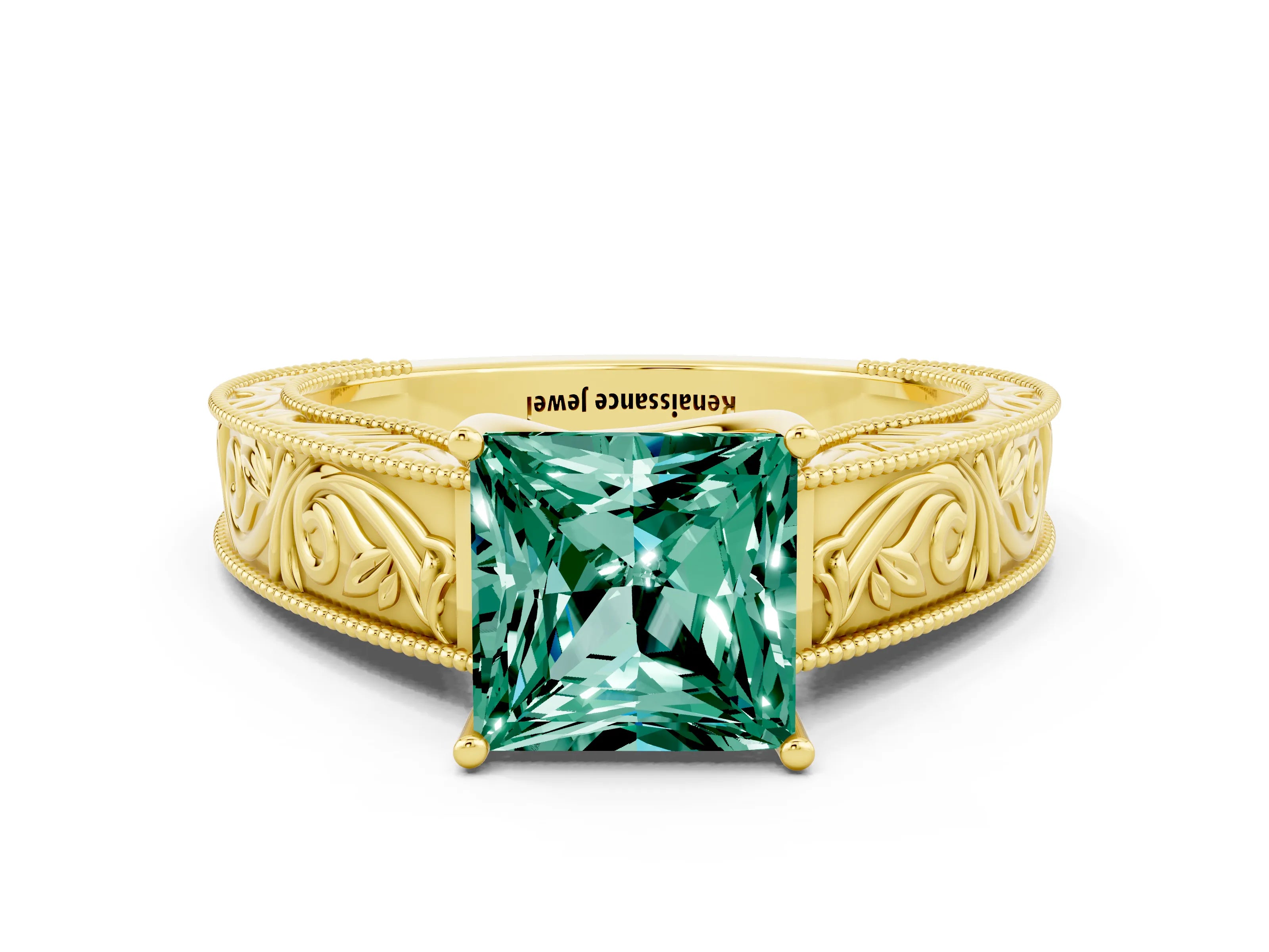 Yellow gold Princess Cut Green Sapphire Solitaire Ring with Engraved Band and Four-Prong Setting