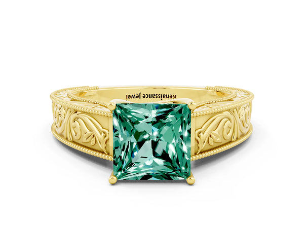 Yellow gold Princess Cut Green Sapphire Solitaire Ring with Engraved Band and Four-Prong Setting
