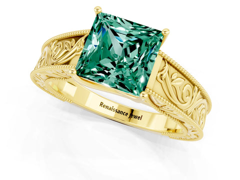 Yellow gold Princess Cut Green Sapphire Solitaire Ring with Engraved Band and Four-Prong Setting_1