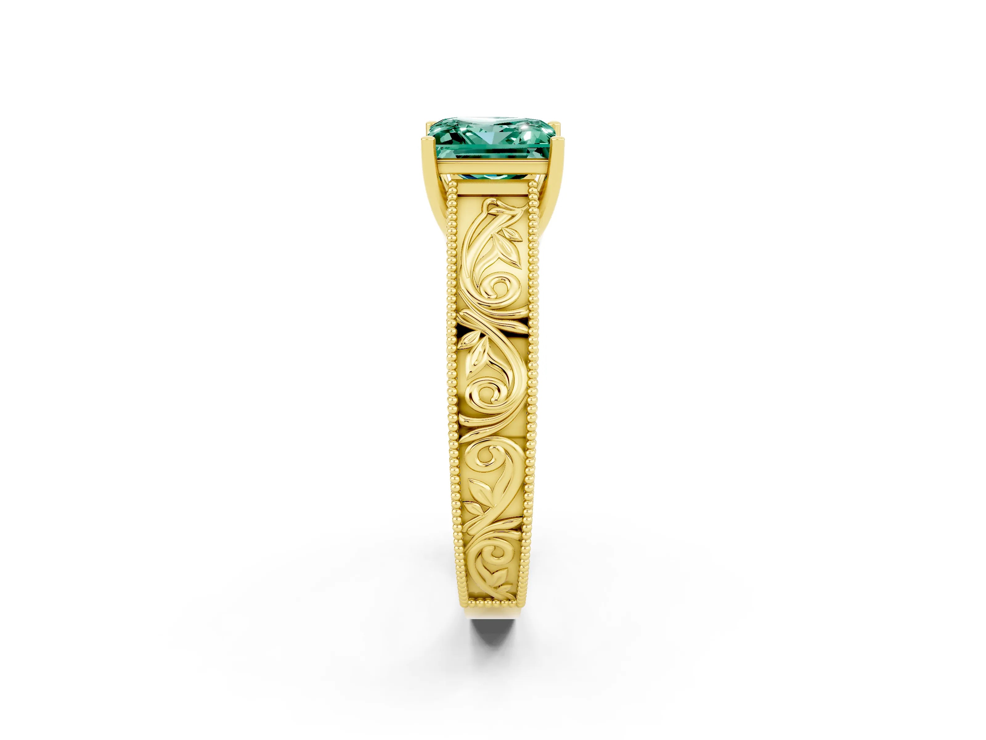 Yellow gold Princess Cut Green Sapphire Solitaire Ring with Engraved Band and Four-Prong Setting_2