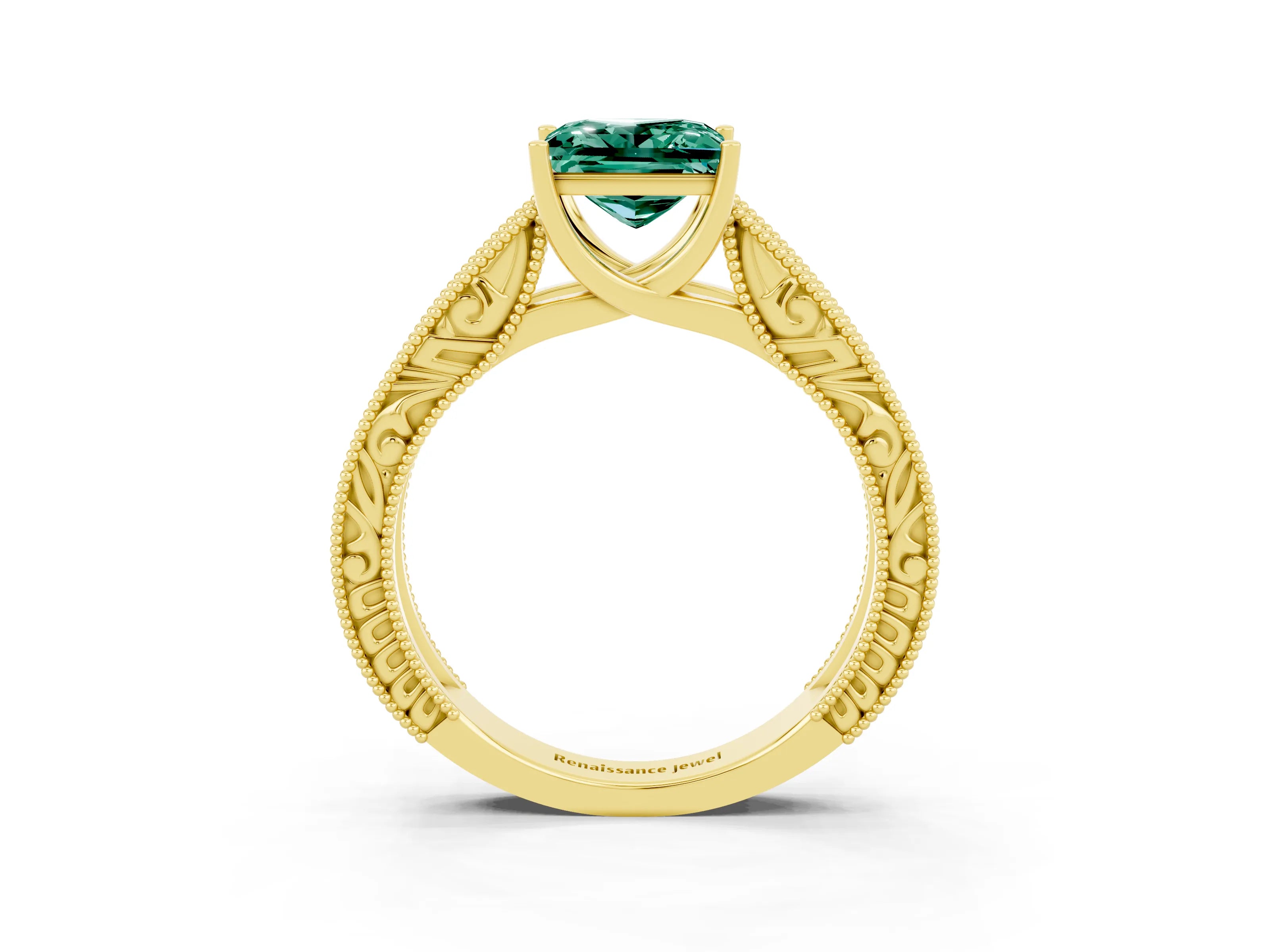 Yellow gold Princess Cut Green Sapphire Solitaire Ring with Engraved Band and Four-Prong Setting_3