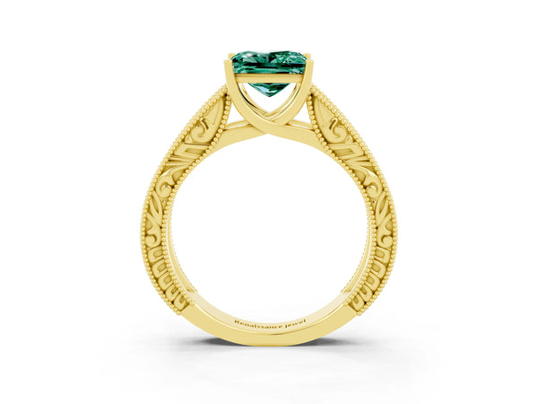 Yellow gold Princess Cut Green Sapphire Solitaire Ring with Engraved Band and Four-Prong Setting