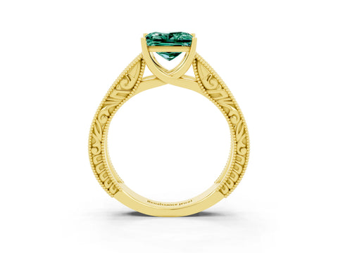 Yellow gold Princess Cut Green Sapphire Solitaire Ring with Engraved Band and Four-Prong Setting_3