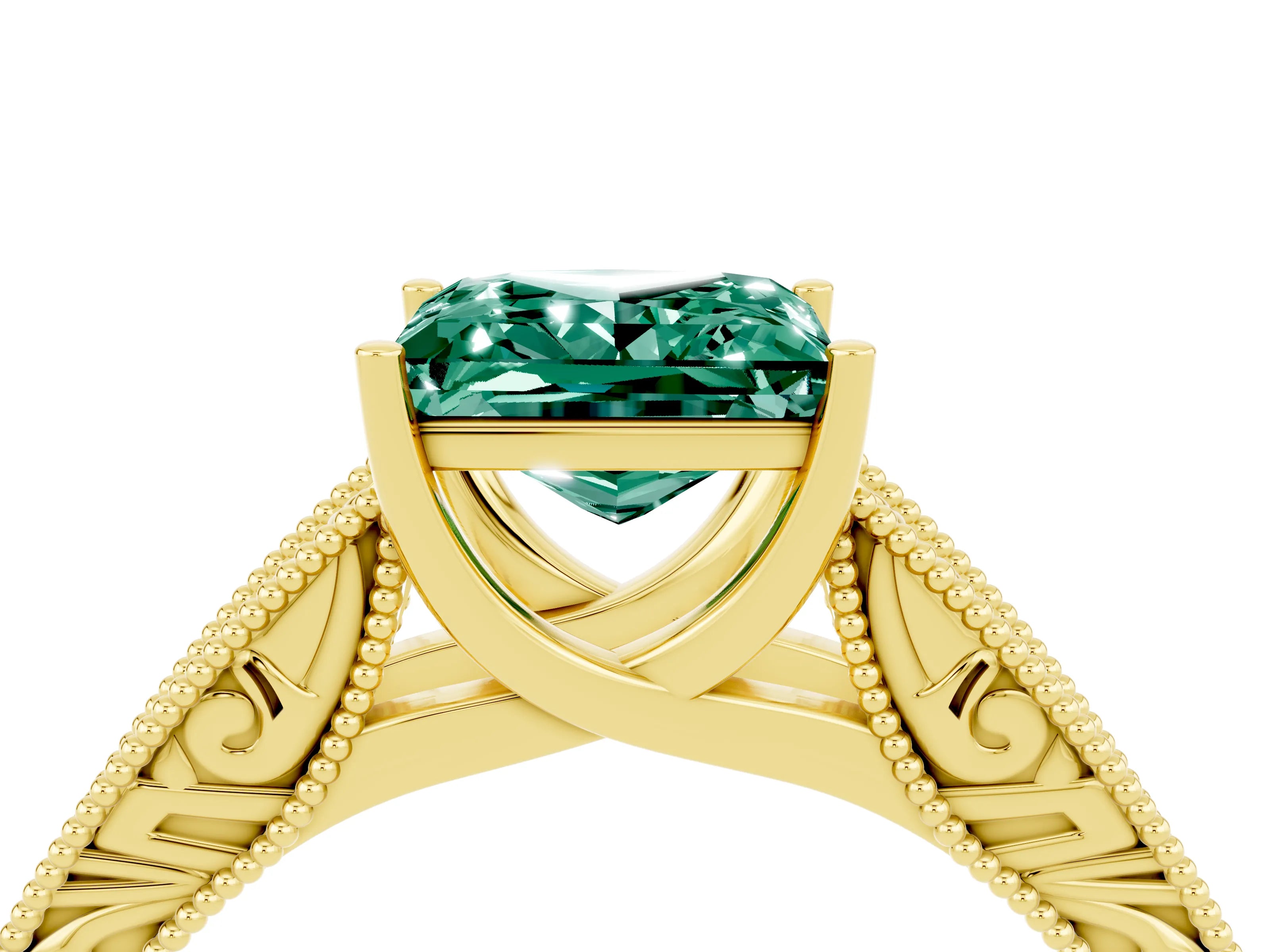Yellow gold Princess Cut Green Sapphire Solitaire Ring with Engraved Band and Four-Prong Setting_4