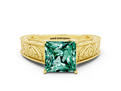 Yellow gold Princess Cut Green Sapphire Solitaire Ring with Engraved Band and Four-Prong Setting