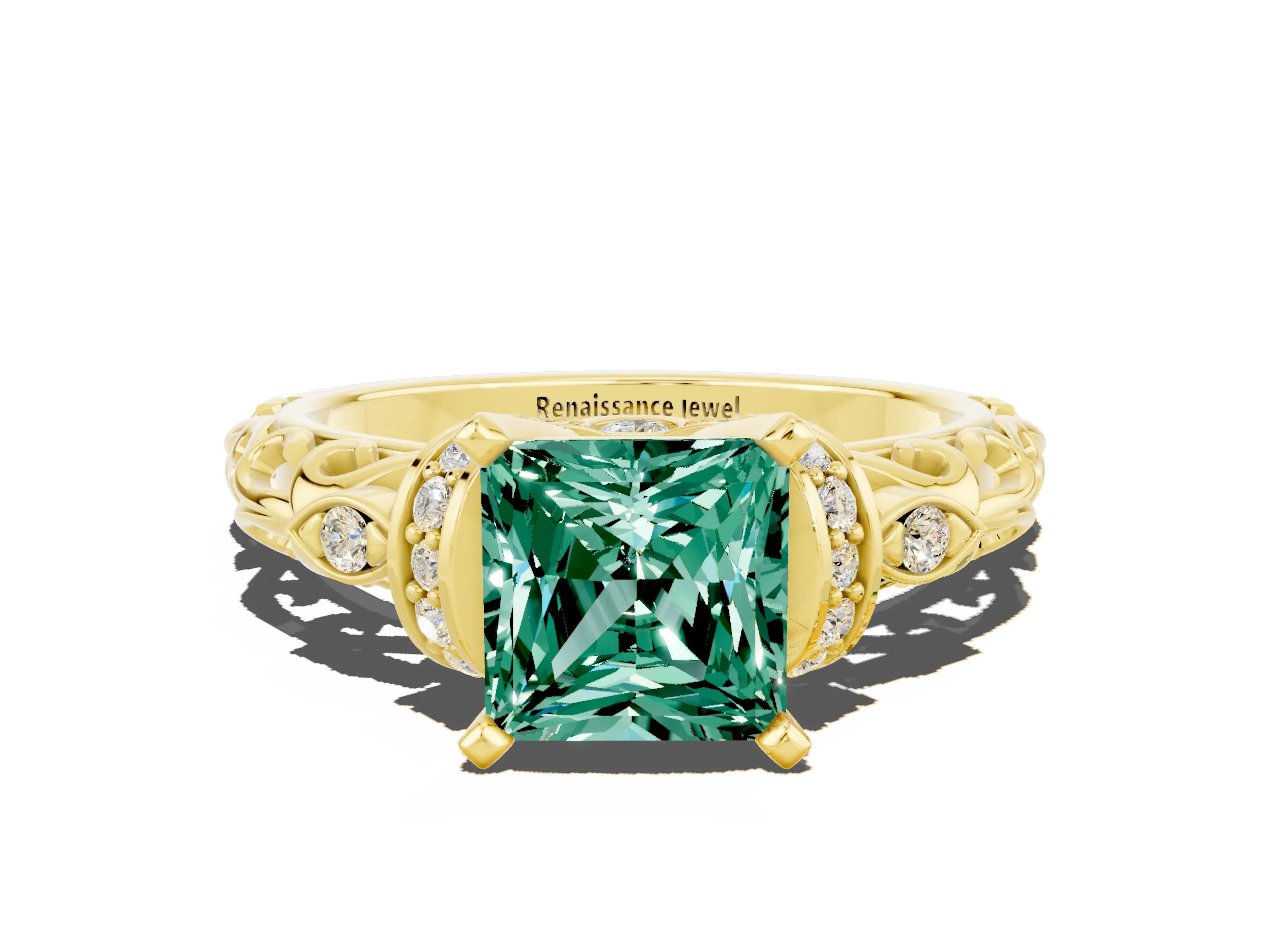 Yellow gold Princess Cut Green Sapphire Solitaire Ring with Filigree Band and Four-Prong Setting_24